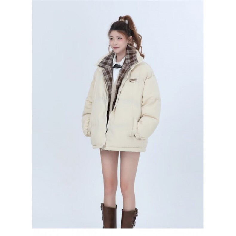 网络图现货 美式复古假两件拼接格子加厚保暖面包服棉服JV11-P70图片