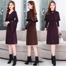 2021年秋季新款气质显瘦两件套斗篷毛衣连衣裙，女装连衣裙，金典明美