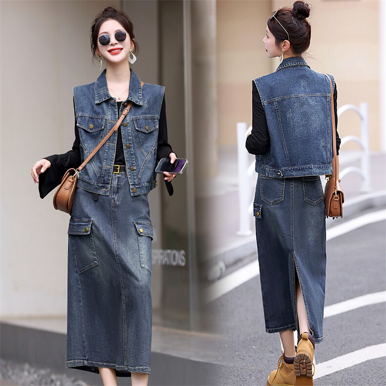 【热卖现货】牛仔裙套装女装2025高端时尚半身裙马甲连衣裙两件套，女装套装/套裙，意芙