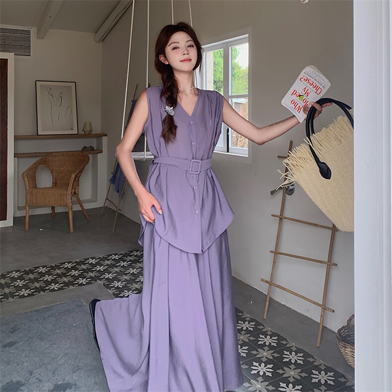 气质紫色背心半身裙套装女夏2025新款两件套独特漂亮大方得体穿搭图片