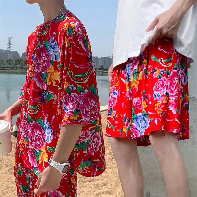 Z1休闲风男士大妈透气大花凉爽T恤七分袖衫短裤套装男女纱衣,男装休闲套装,星座115A(原星座507）