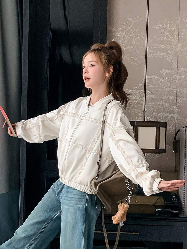 米色木耳边棒球服短款外套女2025春秋季新款韩版显瘦减龄夹克上衣,女装短外套,浙宝A馆126