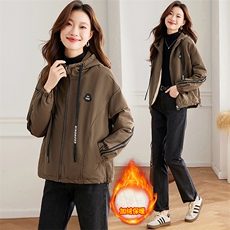 连帽工装加绒派克服外套女冬季2024新款宽松休闲短款加厚保暖棉服，女装棉衣/棉服，以桐
