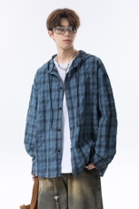 连帽格子长袖衬衫男女宽松衬衣防晒外套美式复古C2238-特价P35，男装衬衫，电商A007