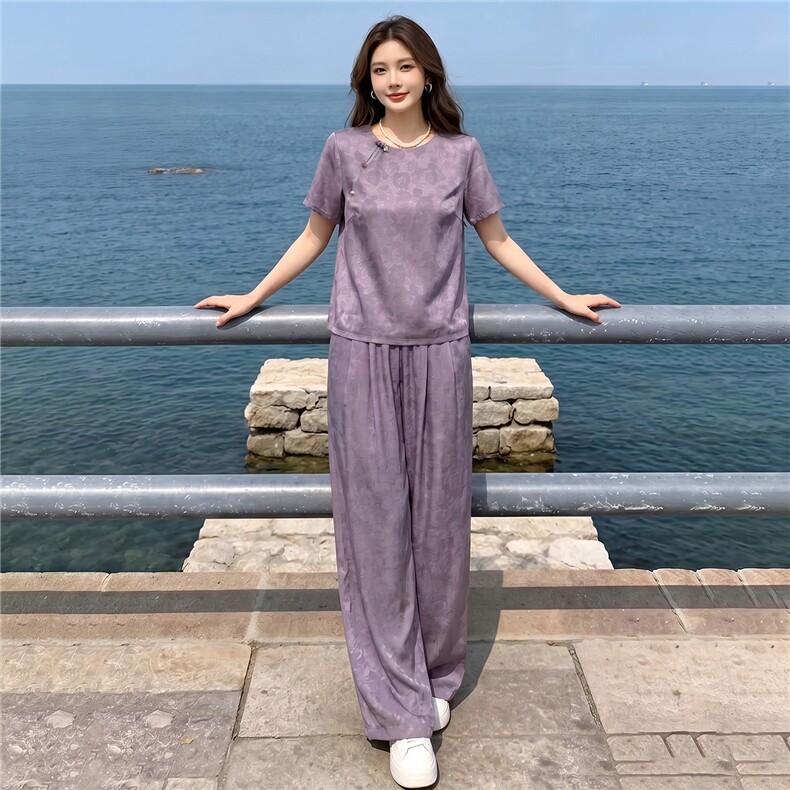 新中式气质减龄套装女夏款气质显瘦刺绣印花上衣阔腿长裤两件套,女装套装/套裙,江南