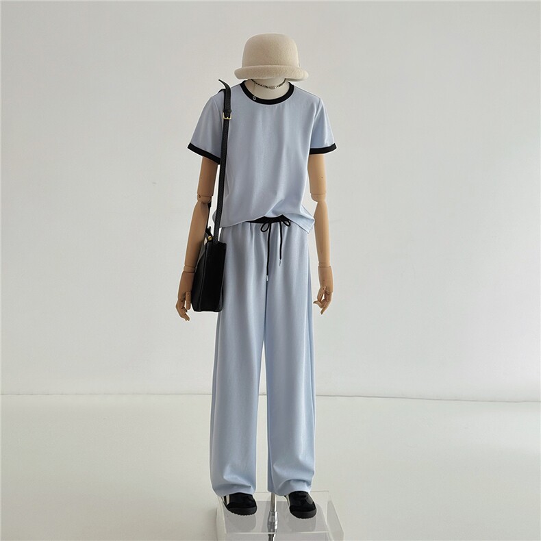 高级感休闲运动套装女夏洋气显瘦圆领拼接短袖上衣阔腿长裤两件套，女装套装/套裙，江南