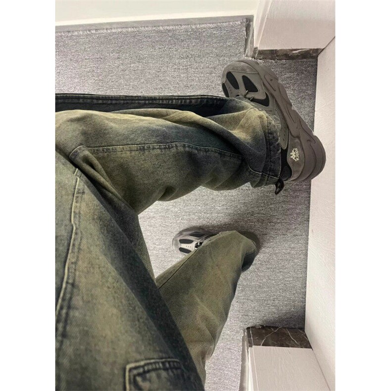美式高街春秋季重磅牛仔裤小众设计感弯刀裤复古水洗做旧宽松直筒图片