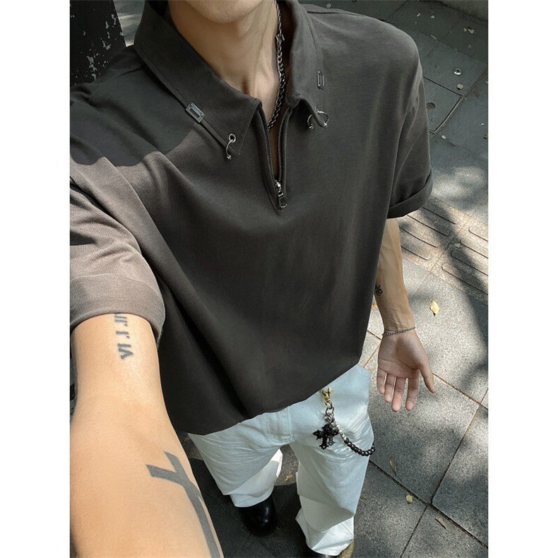拉链POLO领V领金属配饰可拆卸不锈钢环扣短袖T恤T2506-P40控58,男装T恤,星座216(原A116)