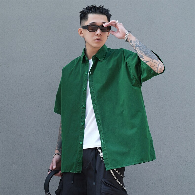 美式工装衬衫短袖夏季宽松纯棉脏染衬衣男A436-0601E-P4068,男装衬衫,电商A436
