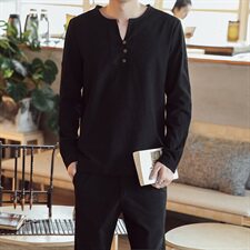 DY07*灰男士棉麻长袖T恤套装长裤亚麻料休闲两件套装男*P65，男装T恤，星座1516（原B303）