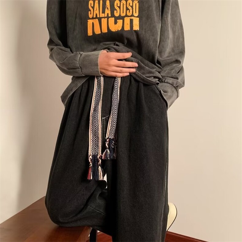 美式复古抽绳牛仔裤男款日系oversize裤子ins高街直筒裤N3370-P45图片