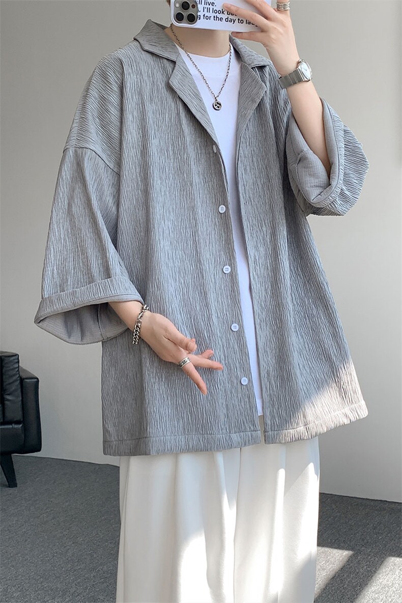 现货CS1136-P35控58新款夏七分袖戗驳领衬衫大码冰丝速干短袖,男装T恤,电商A059