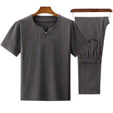 大货新款夏男款中老年风亚麻套装短袖T恤套装棉麻长裤爸爸装，男装中老年男装，钱塘723