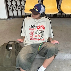 抖音得物高品质二开240克宽松纯棉美式潮牌三条杠织带短袖T恤，男装T恤，电商A486-1