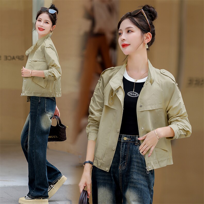 休闲宽松外套女春秋2023新款小个子时尚百搭洋气立领短款夹克上衣，女装风衣，涵亦佰惠