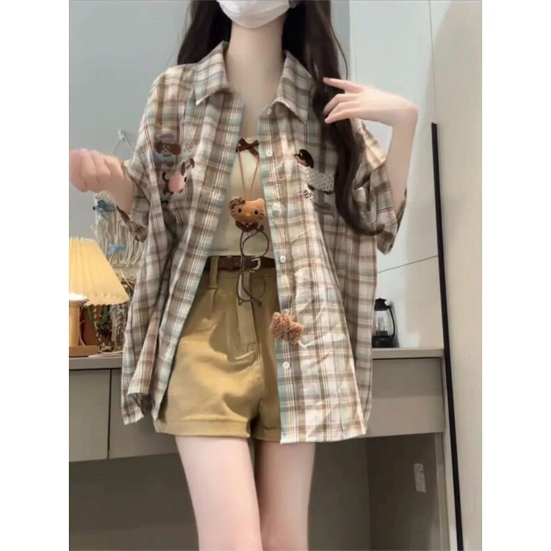 TC522-P45美式毛巾绣格子短袖衬衫夏季新款宽松休闲衬衣图片
