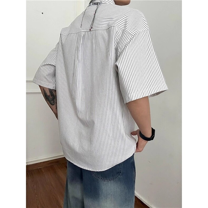 白色正肩条纹短袖衬衫男款夏季日系复古少年感衬衣潮牌五分袖外套,男装T恤,星座208-5