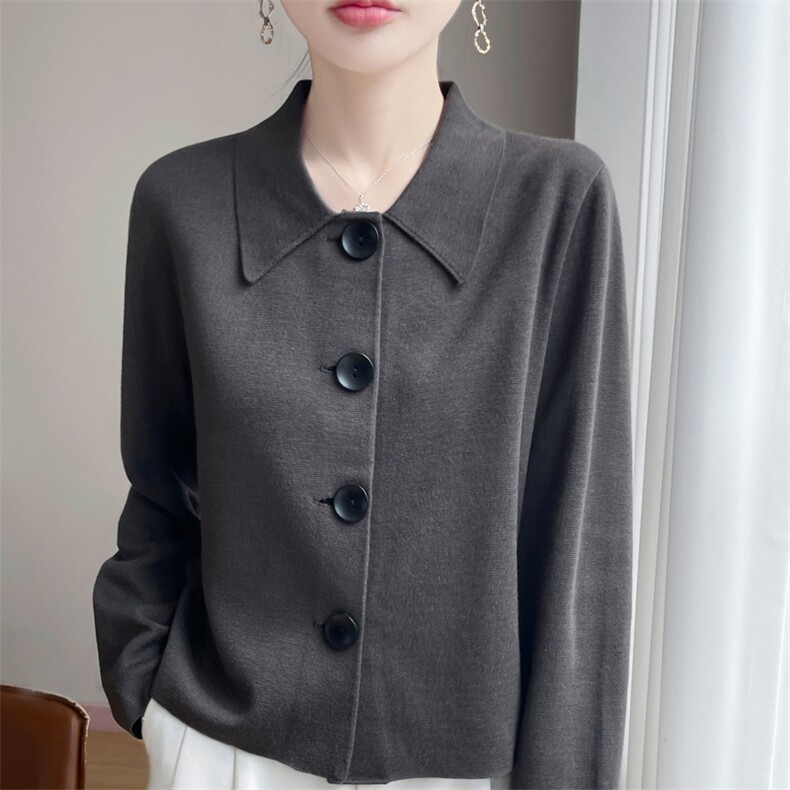 2025年秋季长袖时尚百搭通勤polo领大扣子开衫，女装针织衫/毛衣，凯思米羊绒