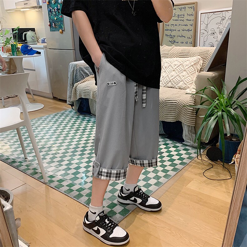 华夫格运动七分裤男夏季宽松过膝短裤ins潮大码卷边格子阔腿k27,男装牛仔裤,星座310B-1