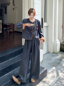 法式复古撞色外套阔腿裤套装女2025秋季新款高级感轻熟显瘦两件套图片