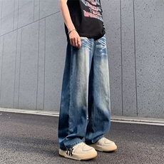复古欧美风休闲直筒水洗牛仔裤男女显瘦中腰宽松拖地扎染N9022，男装牛仔裤，星座1116A-1（原606A）