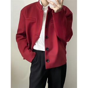 秋季复古酒红色雅痞垫肩小立领短款西服外套男毛呢外套 XW74图片