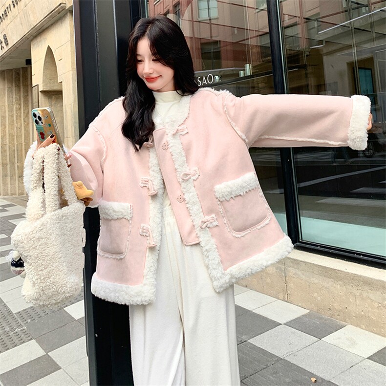 粉色羊羔毛外套女冬季2025年新款韩系超好看加厚保暖皮毛一体上衣,女装棉衣/棉服,2C007