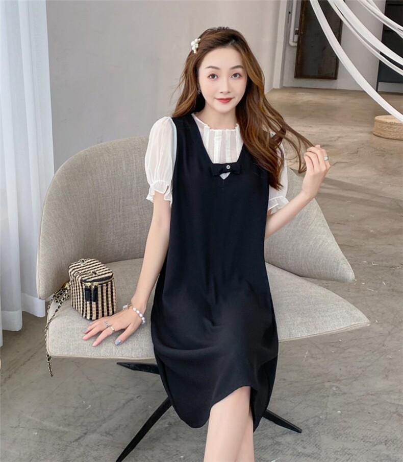 新款气质蝴蝶结拼接假两件A字连衣裙，女装连衣裙，炅缇恩