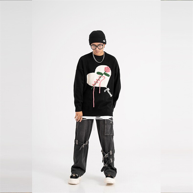 潮牌情侣新款爱心针织勾花oversize圆领休闲毛衣A168-XKMY13-TP95,男装针织衫/毛衣,电商A168
