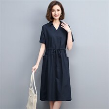 夏季棉麻中长连衣裙V领宽松显瘦系带真口袋咖啡中年妈妈大码裙子图片