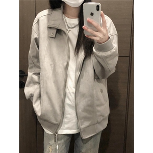 仿麂皮绒立领夹克男女潮牌情侣装春秋休闲百搭纯色外套HH225 P75图片