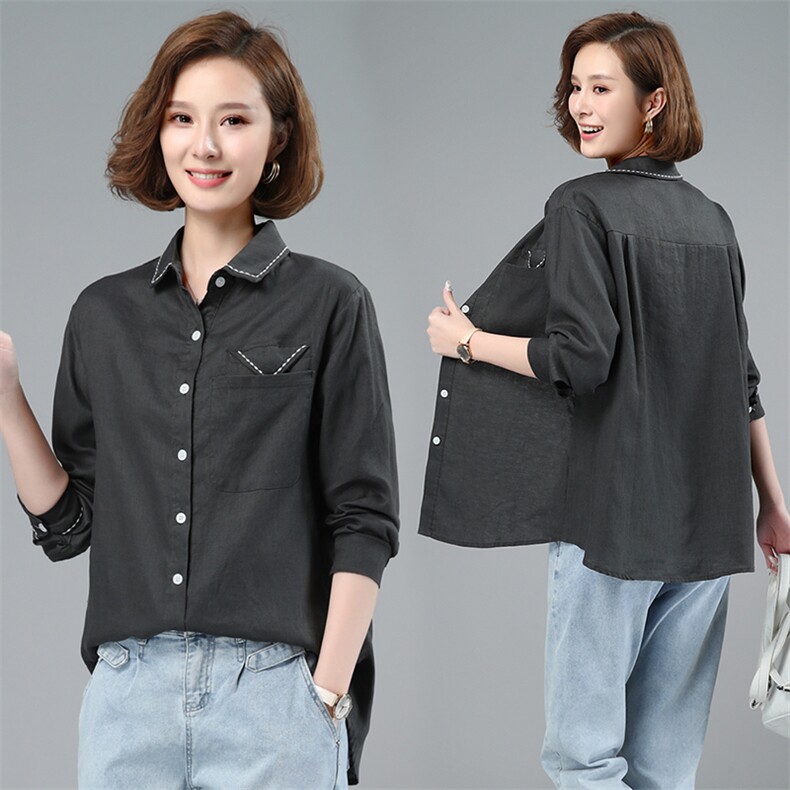 2021春季新款时尚休闲百搭单排多扣翻领亚麻衬衫，女装衬衫，小林双子