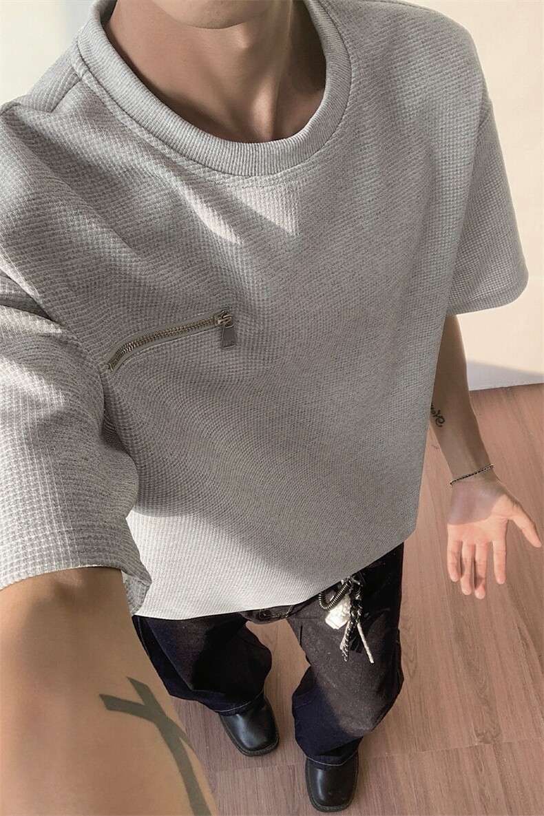 特批P20无差价夏季华夫格拉链装饰男休闲大码半袖T恤上衣T5076,男装T恤,电商A001-1