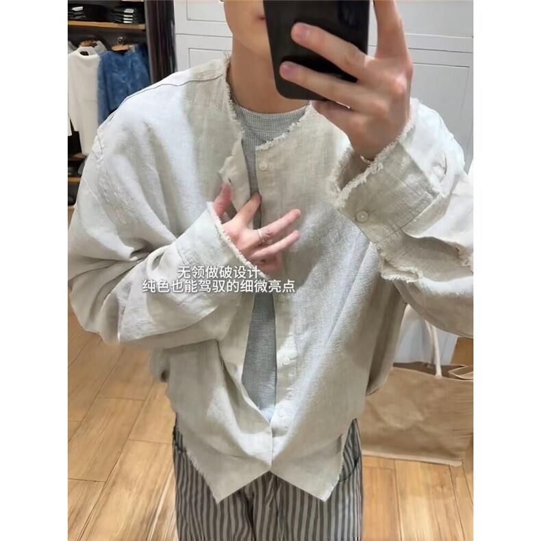 W10205-P43网图现货ins原宿亚麻衬衫无领衬衣简约新款文艺潮流,男装衬衫,星座1608