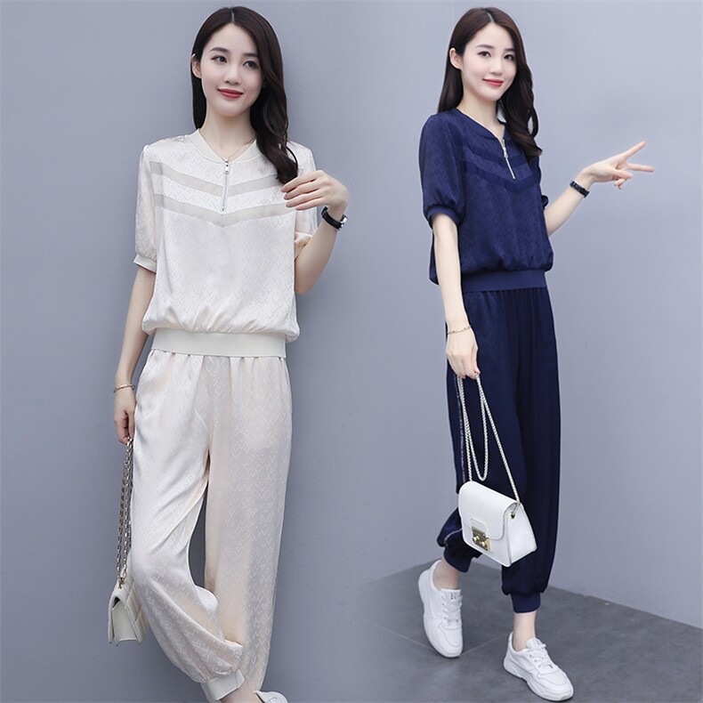 欧货冰丝休闲运动套装女夏季2025新款修身小个子时尚哈伦裤两件套，女装套装/套裙，奕薇雅