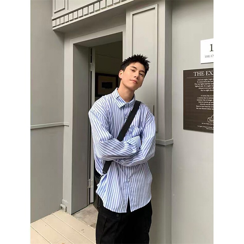 网图有货美式复古学院风长袖衬衫男女宽松翻领条纹衬衣A1277-P50,男装衬衫,星座1505