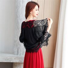 2023年衫/雪纺衫夏季V领九分袖蕾丝性感百搭，女装蕾丝衫/雪纺衫，婵米儿