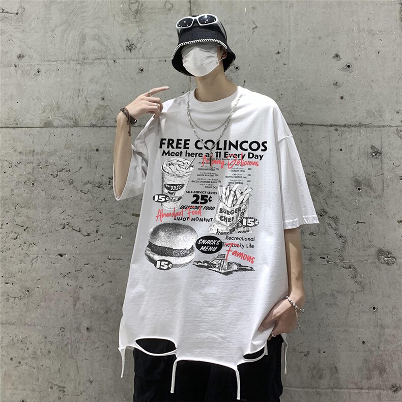 特批2025美式高街纯棉宽松圆领带项链短袖T恤DT358P40控68,男装T恤,电商A247