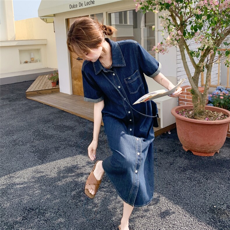 蓝色简单大方的牛仔连衣裙女2025初夏穿搭宽松休闲polo领衬衫裙子,女装连衣裙,2C176