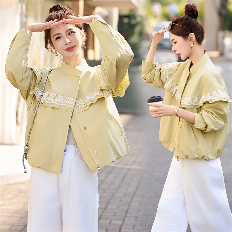 独特超好看蕾丝拼接立领外套女2025春秋新款宽松减龄短款夹克上衣图片
