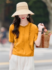 木耳花边拼接圆领上衣女2026夏装新款休闲宽松小衫百搭减龄衬衫，女装衬衫，余墨