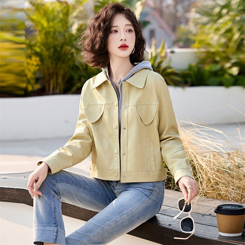 洋气减龄粉色短款皮衣外套女2025春新款小个子休闲翻领皮夹克上衣,女装皮衣,魅丽静蓝