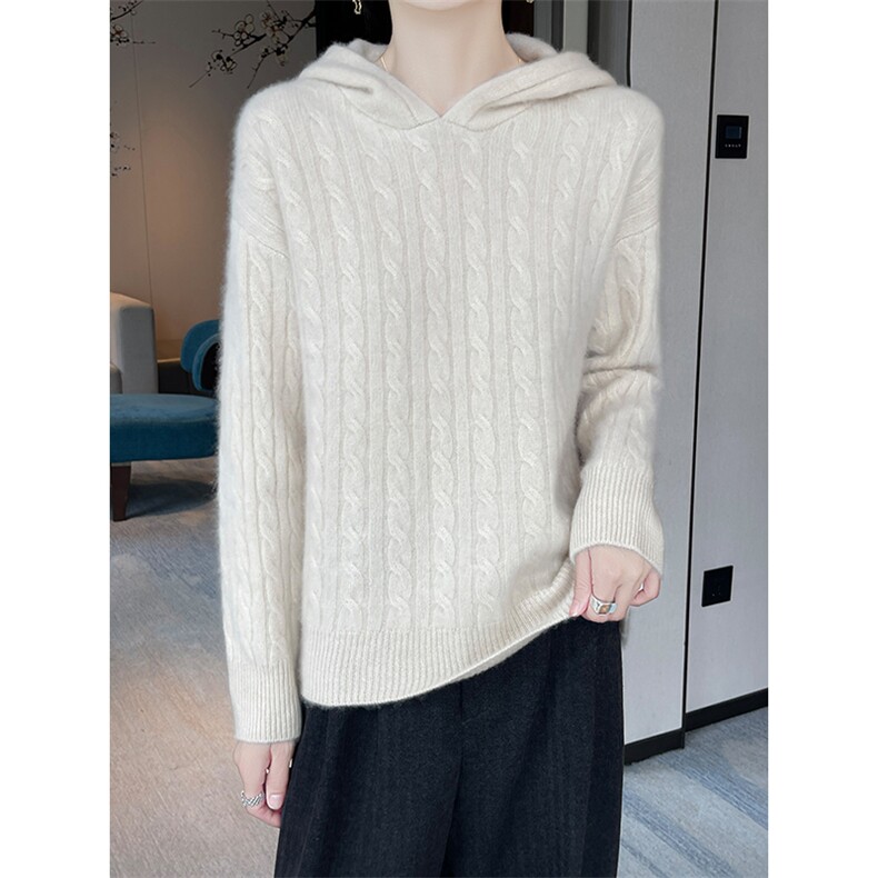连帽绞花100%纯羊毛衫毛衣毛衣女宽松慵懒针织帽衫打底羊绒衫上衣，女装羊毛衫，隆格羊绒