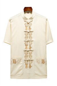 唐装中老年棉麻短袖衬衫男夏季老年人宽松薄爷爷休闲翻领衬衣套装图片