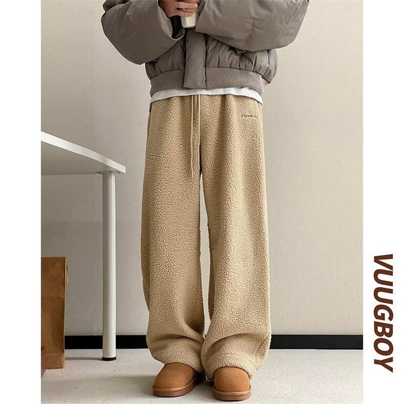 美式摇粒绒裤子男冬季潮牌宽松加绒加厚保暖棉裤直筒休闲长裤图片
