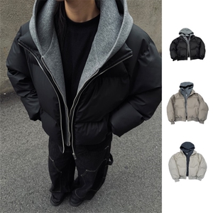 PU皮假两件连帽宽松棉衣男女保暖短款潮流冬季加厚棉服D513特P105图片