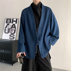 春装24日系复古和服开衫长袖牛仔外套男女宽松无性别情侣衬衫潮，男装衬衫，星座909