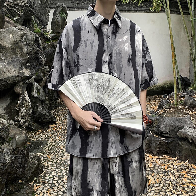 夏款男套装扎染印花短袖衬衫短裤冰丝风喷墨套装TZ061P55,男装牛仔裤,星座1013-1