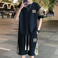 潮休闲运动套装男夏季宽松薄款短袖短裤两件套大码男装冰丝t恤，男装牛仔裤，星座1210-1