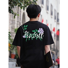网图有货夏季美式紫色玫瑰刺绣短袖T恤男女情侣宽松上衣A619-P38，男装T恤，星座1505